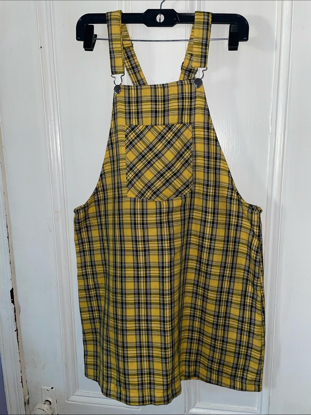 Yellow Plaid Overall Dress with Front Pocket